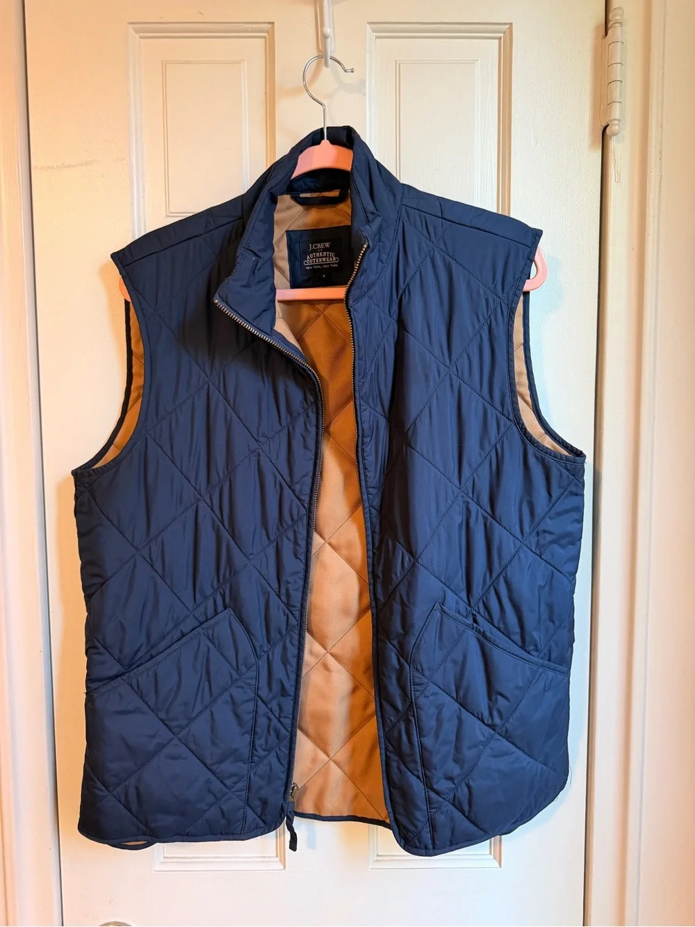 J. Crew Quilted Navy Vest with Tan Interior